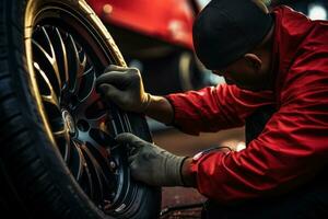 How to get lug nuts off tire, stock photo, professional color grading. Generative AI photo