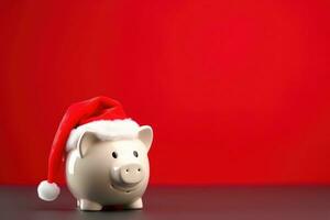 Piggy bank with Santa Claus hat and coins on festive red background. Generative AI photo