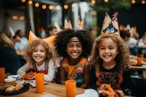 Children Trick Or Treating with JackOLantern Candy Buckets on Halloween photo