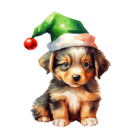 acquerello carino cucciolo cane viso con sorridente espressioni, indossare un' Santa cappello . ai generato png