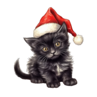 watercolor cute kitten cat face with smiling expressions, wearing a santa hat . AI Generated png