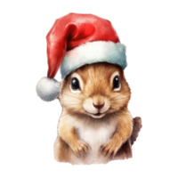 aquarelle mignonne bébé écureuil portant Père Noël claus chapeau . ai généré png