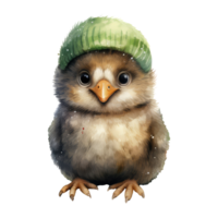 watercolor cute smiling bird with chubby cheeks and large eyes. wearing a santa hat . AI Generated png