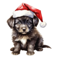 watercolor cute puppy dog face with smiling expressions, wearing a santa hat . AI Generated png