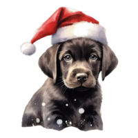 vattenfärg söt valp hund ansikte med leende uttryck, bär en santa hatt . ai genererad png