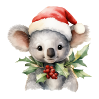 watercolor cute smiling baby koala wearing a santa hat . AI Generated png