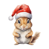 watercolor cute baby Squirrel wearing Santa Claus hat . AI Generated png