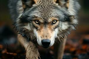 un de cerca Disparo de un lobo sorprendentes rostro, sus enfocado ojos, documental foto. generativo ai foto