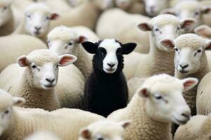 One black sheep in a flock of white sheep. Generative AI photo