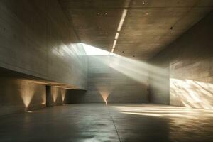 The inside of an abstract concrete building with two rays of light hitting the floor. Generative AI photo