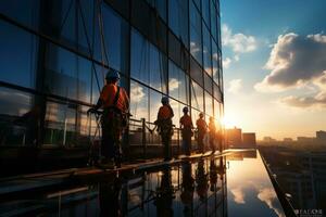 A workers working at height with safety harness. Generative AI photo