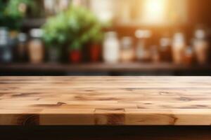vacío de madera mesa y borroso cocina antecedentes. generativo ai foto