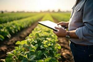 Close-up portrait agronomist examining crop health using a tablet in a sunlit field. Generative AI photo