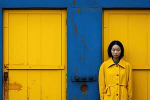 asiático mujer minimalista azul y amarillo generativo ai foto