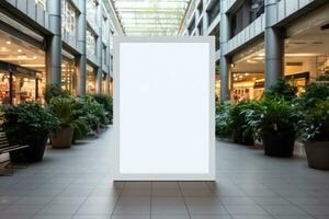 Public shopping center mall advertisement board space as empty blank white mockup. Generative AI photo