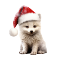 fluffy baby arctic fox sitting wearing red christmas hat . AI Generated png