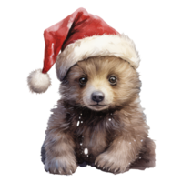 watercolor cute baby bear with santa hat . AI Generated png