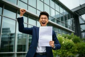 Asian man the office background in the suit held the contract with one hand and happy. Generative AI photo