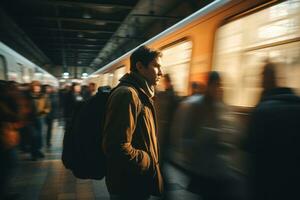 Man stand waiting train in subway fast moving. Generative AI photo