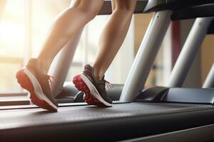 Close up of the activity of a leg running on a treadmill. Generative AI photo