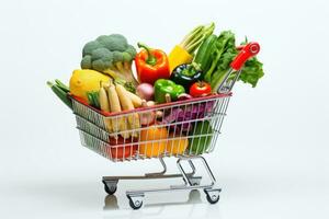 compras carretilla lleno con vegetales y frutas generativo ai foto