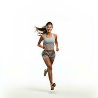 Female with a ponytail hair. Jogging Happy and energetic. white background .Generative AI photo