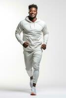African male jogging Happy and energetic generation in white background. Generative AI photo