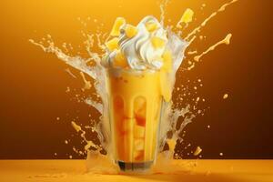 Mango smoothie frappe effect swirling wave Mango milk splash around glass. Generative AI photo