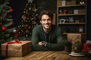 joven empleado celebrando Navidad a lugar de trabajo. generativo ai foto