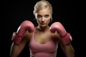 mujer luchando pecho cáncer con rosado boxeo guante. generativo ai foto