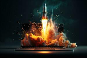 AI Generated Launching Space Rocket From Laptop Screen. Generative AI photo