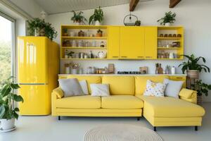Interior of kitchen with yellow fridge, counters, sofa and shelving unit. Generative AI photo