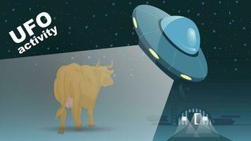 A flat illustration of a cow is stolen by the light coming from a flying UFO vector