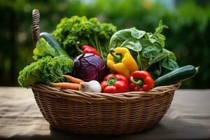 Basket of vegetables in hand of mature man, isolated on white background, studio lighting. Generative AI photo