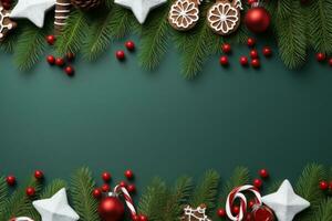 Christmas Banner with some presents, gingerbread man cookies on green background. Generative AI photo