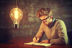 New idea concept with man writing down on paper his new idea. Generative AI photo
