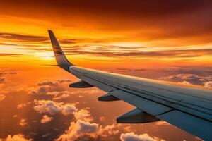 Sunset view from airplane window. Generative AI photo