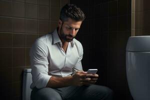 hombre sentado en baño utilizando móvil teléfono. generativo ai foto