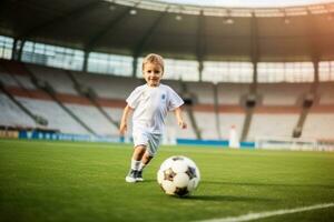 Dribbling small boy plays football in stadium. Generative AI photo