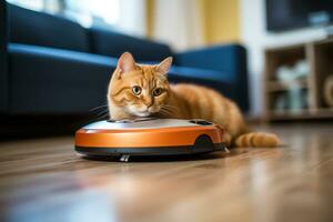 Cat sits on top of a robot vacuum cleaner, cleaning up scraps on the living room floor. Generative AI photo