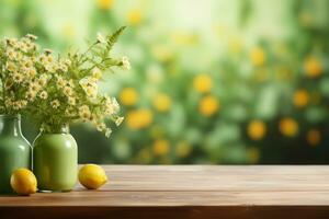 hyper realistic image of a wooden table, green and yellow sunny background. Generative AI photo