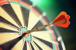 Dart in the bull's eye close up, success striking target aim goal achievement concept. Generative AI photo