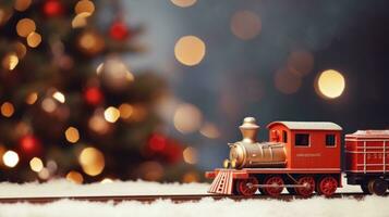 Red toy train and mini gift box, studio shot, bokeh, winter Christmas banner. Generative AI photo