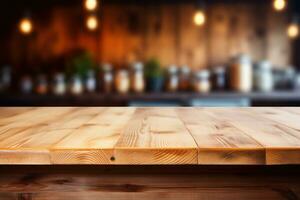 Empty wooden table and blurred kitchen background. Generative AI photo