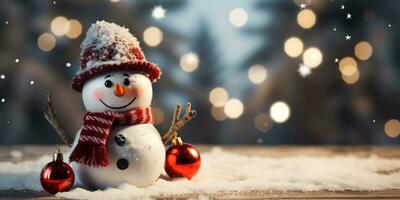 Snowman with a Santa hat,close up,empty space. Generative AI photo
