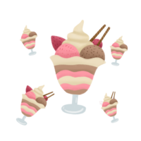 illustration stiker dessert a strawberry cupcake with a strawberry on top, a cup of coffee, and a strawberry png