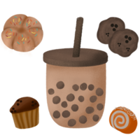 Illustration Stiker Dessert ein Erdbeere Cupcake mit ein Erdbeere auf Spitze, ein Tasse von Kaffee, und ein Erdbeere png