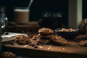 Chocolate cookies on wooden table closeup. Neural network AI generated photo