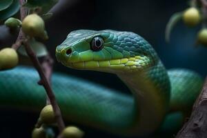 Green tropical snake. Neural network AI generated photo