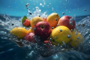 Tropical fruits fall deeply under water with a big splash. Neural network AI generated photo